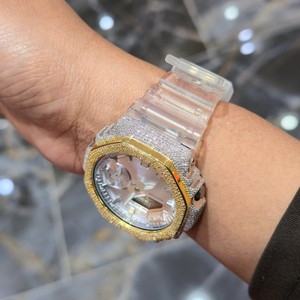 Montre analogique-numérique de luxe avec lunette sertie de diamants, verre saphir, bracelet en acier inoxydable, résistante à l'eau, affichage LED pour hommes et femmes - Product Image 2