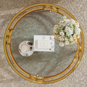 Lussuoso Tavolino da Caffè con Struttura in Metallo Geometrico e Piano in Vetro Temperato Rotondo 78 cm, Finitura Oro, Ripiano Inferiore Trasparente - Product Image 5