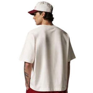 Men Oversized Cream T Shirt Short Sleeve Crew Neck Cotton Casual Streetwear Top <b>Small</b> <b>Chest</b> Logo Print Summer Tee - Product Image 6