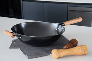 Wok à fond rond en acier inoxydable non revêtu, finition naturelle, capacité 20L, poignée en bois, compatible lave-vaisselle, pour cuisson professionnelle à la wok - Product Image 6