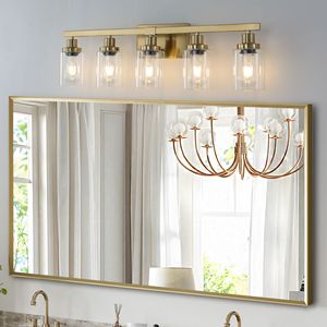 Lampada da Bagno Moderna in Ferro da 31 Pollici con 5 Paralumi in Vetro Trasparente, Applique Dorata a 5 Luci per Specchio e Bagno - Product Image 2