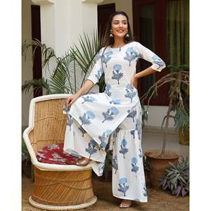 Ensemble Kurta Buti pour femmes, taille XS, manches trois-quarts, coton/fibre de bambou respirant - Product Image 1