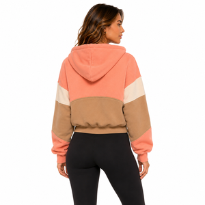 Custom Cropped Women's Hoodies Full Zip Color <b>Block</b> Crop Zip-Up Hoodie Cotton Blend Drop Shoulder Pullover Patchwork Streetwear - Product Image 2