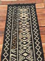 Boho Chic Ethnic Geometric Handloom Kilim Rug Black Off-White Wool Latex Backing Eco-Friendly Tassels for Home Lounge Interior
