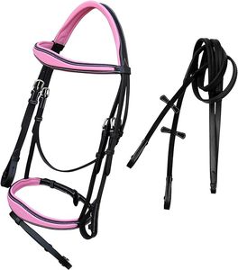 Brida de cuero PU rosa y negra para caballo con cabezada y riendas ajustables, brida de cuero rosa y negra para caballo - Product Image 4