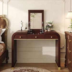 Espresso Classic Wood 3-in-1 <b>Dressing</b> <b>Table</b> Vanity Desk with Flip <b>Mirror</b> and 2 Drawers for Bedroom Makeup Storage - Product Image 2