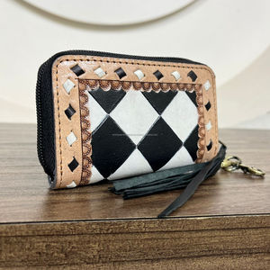 Exclusif 2025 Design à carreaux Portefeuille à fermeture éclair avec porte-clés en cuir usiné Porte-monnaie Mini sac mignon avec pochette à pompon pour femme - Product Image 5