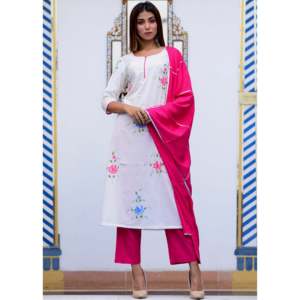 Magnifique ensemble de costume en mousseline de coton rose pour femme, peint à la main, avec dupatta brodée Gotta Jaal - Taille XS - Product Image 4
