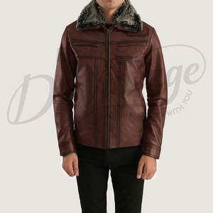 Veste en cuir véritable marron de qualité supérieure pour homme avec col en fausse fourrure grise, coupe ajustée, veste d'hiver rembourrée, manteau bomber - Product Image 6