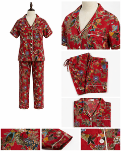 Red Floral Hand Block Print Pajama Set Women Short Sleeve Shirt Long <b>Pants</b> Casual Nightwear Handmade Cotton Sleepwear Loungewear - Product Image 6