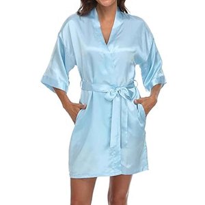 Wholesale Plain Satin Polyester Women's <b>Robes</b> Kimono Bathrobe V-neck Party <b>Beach</b> Bridal Bridesmaid Wedding Sleepwear Custom Logo - Product Image 4