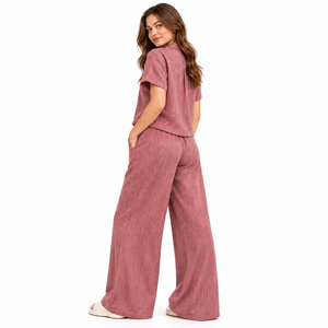 Wholesale <b>Womens</b> Soft Dusty Rose Front Wide Leg Pajama <b>Set</b> Short Sleeve Button Shirt Pants OEM ODM Custom Loungewear - Product Image 4