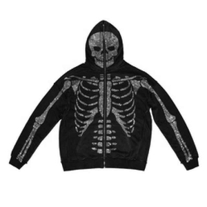 Men's Black Hooded Zip-Up Sweatshirt With <b>Red</b> <b>Glitter</b> Skeleton Print Gothic Style Regular Fit Autumn Wear - Product Image 5