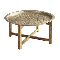 Mesa de Centro Redonda de Latón Estilo Marroquí Moderno con Base de Madera, Seis Patas Ajustables y Decorativas