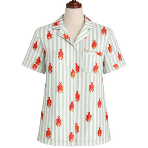 ชุดนอนผ้าฝ้ายลายปูพร้อมลายทาง เสื้อแขนสั้นและกางเกงขายาว ชุดนอนฤดูร้อนสำหรับผู้หญิง ชุดนอนพรีเมียม - Product Image 1