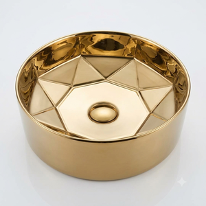 Lavabo Redondo Geométrico Facetado de Latón, Lavabo de Lujo Dorado para Encimera, Lavabo Moderno Artístico para Baño, Hotel, Villa, Sanitarios - Product Image 1