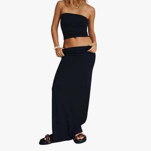 Conjunto de 2 Piezas para Mujer, Top Tubo sin Tirantes, Falda Larga Maxi, Color Sólido, Transpirable, Tejido de Punto, Spandex, Poliéster, Verano, Casual - Product Image 4