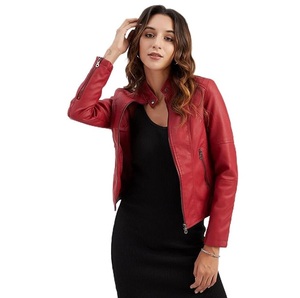 Women's Red PU Leather Bomber Jacket with <b>Zipper</b> Closure Turn Down Collar Full Sleeve Waterproof Casual Autumn Style - Product Image 1