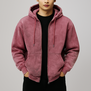 Zipper Hoodie Streetwear Custom Blank 350Gsm Hoodie Pink Sun Faded Acid Wash Boxy Zip Hoodie for Mens and Women - Product Image 1