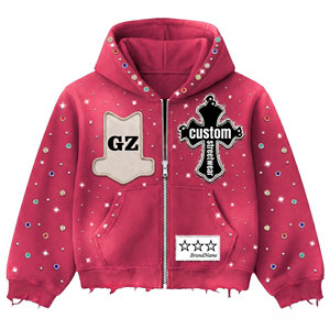 Custom Y2K Rhinestone Zip Up Hoodie Men Embroidered Patch Heavyweight Distressed Cotton Oversized Pink <b>Punk</b> Trendy Streetwear - Product Image 1