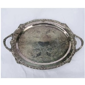 Traditional Design Metal Handicraft Single-Piece Package Rectangular Silver Decorative Tray with Ornate Edge and Handles - Product Image 5