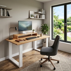 Bureau de direction moderne en bois massif avec étagère surélevée pour écran, cadre en métal blanc, table ergonomique pour ordinateur et écriture - Product Image 4