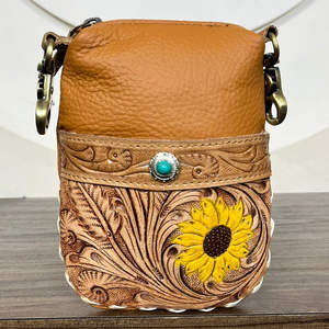 2025 Women Designer Wholesale Custom Hand Tooled Cow Leather Waist <b>Bag</b> with Floral & Turquoise Concho Western Style Mobile <b>Bag</b> - Product Image 4