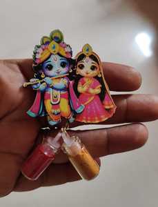 Handcrafted Radha Krishna Return Gifts with Miniature Roli Chandan Glass Bottles Vials for Indian Wedding Favors Decor Keychain - Product Image 3
