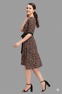 Robe de soirée imprimée en crêpe épais pour femme, col rond, manches trois quarts, imprimé animal marron, entièrement cousue, longueur normale - Product Image 5