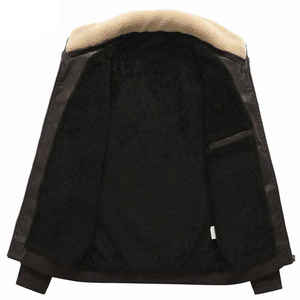 เสื้อแจ็คเก็ตบอมเบอร์หนัง PU สีน้ำตาลสำหรับผู้ชาย คอตั้ง ปิดด้วยซิป ซับในขนสัตว์เทียม สไตล์นักขี่มอเตอร์ไซค์ สำหรับฤดูหนาว - Product Image 2