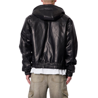 Veste d'hiver pour homme en cuir véritable noir, style streetwear, coupe oversize, à capuche, fermeture éclair frontale, poignets et ourlet côtelés, mode personnalisée haut de gamme