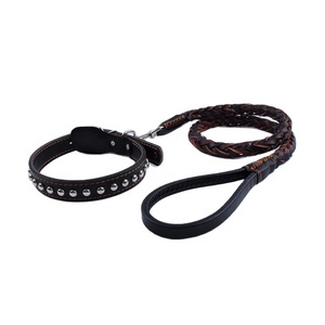 Luxury Dog <b>Collar</b> and Matching <b>Leash</b> Set Heavy Duty Genuine Strong Leather Adjustable Neck <b>Pet</b> <b>Collars</b> with Rivet Decoration - Product Image 1