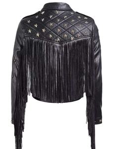 Chaqueta de Cuero con Flecos y Tachuelas para Mujer, Negra o Cualquier Color Personalizado, Chaqueta de Motera para Mujer, Chaqueta de Cuero Genuino con Púas - Product Image 1