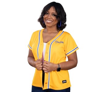 Camiseta de Béisbol Sigma Gamma Rho para Mujer, Amarilla y Azul, con Botones, Estilo Casual Deportivo, Corte Premium - Product Image 1