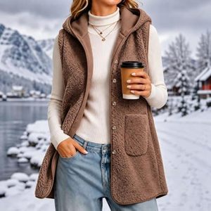 Top Quality Women's Brown Hooded Sherpa Fleece Vest <b>Longline</b> Snap Button Sleeveless Jacket Warm <b>Waistcoat</b> Winter Wear OEM - Product Image 5