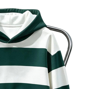 Sudadera con capucha de felpa 100% algodón a rayas verdes y blancas, manga larga, corte holgado, informal, puños y dobladillo acanalados, anti-bolitas - Product Image 3