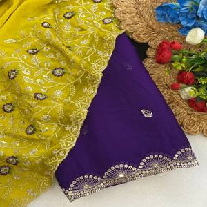 ผ้าส่าหรี VASTRA COTTAGE รุ่นพรีเมียม สตาร์ จอร์เจตต์ พร้อมลายปักดอกไม้แบบซ้อนหลายชั้นอย่างประณีต และขอบผ้าดีไซน์เก๋ - Product Image 1