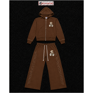 Conjunto de Chándal Marrón Personalizado para Hombre: Sudadera con Cremallera Completa y Pantalones Anchos con Logo Gráfico, Estilo Casual Urbano y Deportivo, Venta al por Mayor - Product Image 5