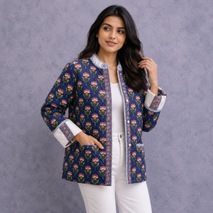 Chaqueta de Algodón Acolchada con Estampado Floral para Mujer, Ligera, con Estampado de Bloques, Frente Abierto, Estilo Casual Boho, Fabricante Mayorista OEM ODM - Product Image 4