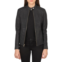 Veste de moto en cuir d'agneau véritable imperméable pour femme, col montant, manches longues, fermeture éclair, couleur unie, saison automne