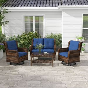 4 pezzi Set di mobili da giardino in Rattan blu con divano e tavolo con sedie a dondolo girevoli per la conversazione e il relax - Product Image 2