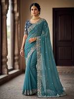 Sari de luxe en soie Georgette épaisse avec broderie au fil et travail Zari, réversible, protection solaire, design pour occasions de mariage