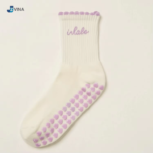 Basic <b>Grip</b> <b>Socks</b> with Text Inhale Exhale ODM <b>Custom</b> logo Purple Color Anti Slip Cotton <b>Socks</b> for Yoga Pilates Use for Men Women - Product Image 3