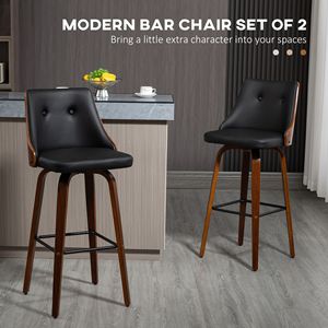 Set of 2 Counter Height Swivel Bar <b>Stools</b> PU Leather Tufted <b>Back</b> Footrest Soft Strong Black for Dining Room Kitchen Chrome Base - Product Image 6