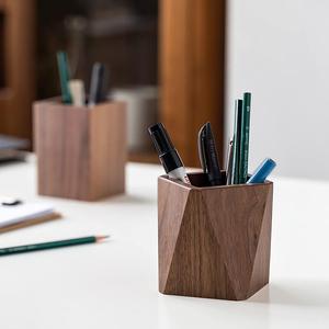 Handcrafted Natural Wood Faceted Pencil Cup Premium Walnut Finished Desk <b>Storage</b> Vessel Executive Gift Box Supply - Product Image 6