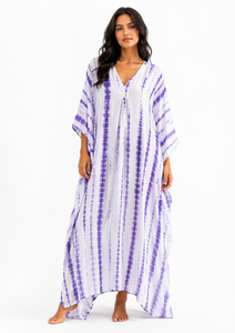 Women Modern Fit Tie Dye Cotton <b>Kaftan</b> Dress All Seasons <b>Beach</b> Cover V-Neck Maxi Robe Casual Sleepwear Bohemian Natural Waist - Product Image 1