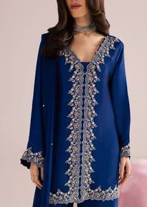 Ensemble Kurta en soie bleu marine brodé pour femme avec pantalon Palazzo, tenue traditionnelle indienne et pakistanaise pour les fêtes, coupe ample longue jusqu'au sol - Product Image 6