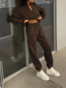 women tracksuit fitted cotton polyester fabric zipper jacket jogger <b>pants</b> athletic gym wear sportswear set - Product Image 3