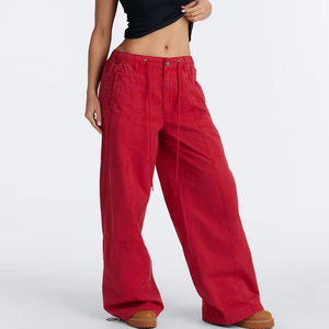 Pantalones Utilitarios Unisex OEM de Pierna Ancha con Cordón, Rojos Lavados, Estilo Casual Urbano, Proveedor de Pantalones para Hombre - Product Image 1