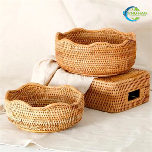 Round Wicker RATTAN BASKET / <b>TRAY</b> Rattan <b>Tray</b> with 2 Side Handles Handmade Natural <b>Tray</b> for Home & Gift Use Vietnam Crafts - Product Image 3